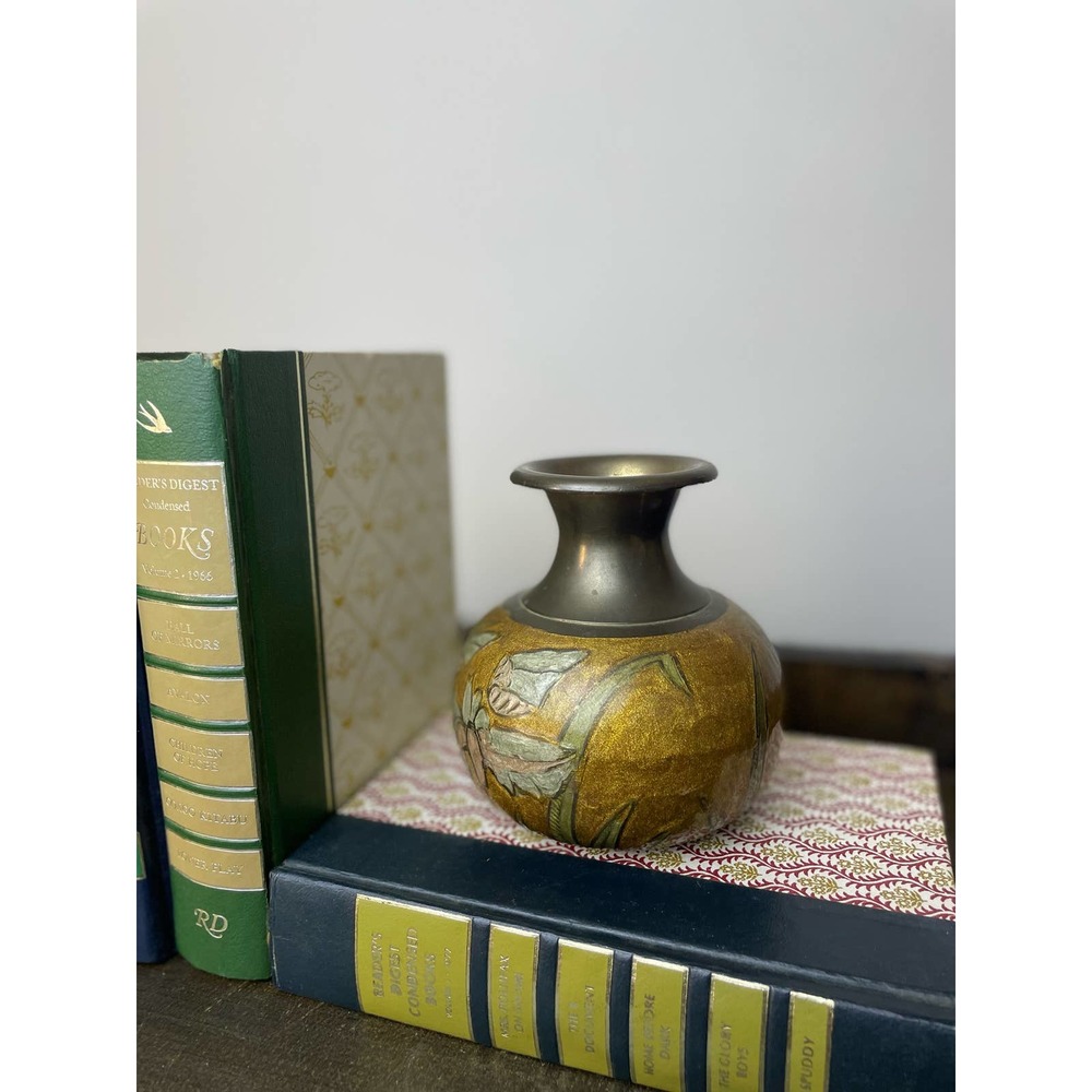 Vintage India Brass / Copper Raised Enamel Floral Small Vase